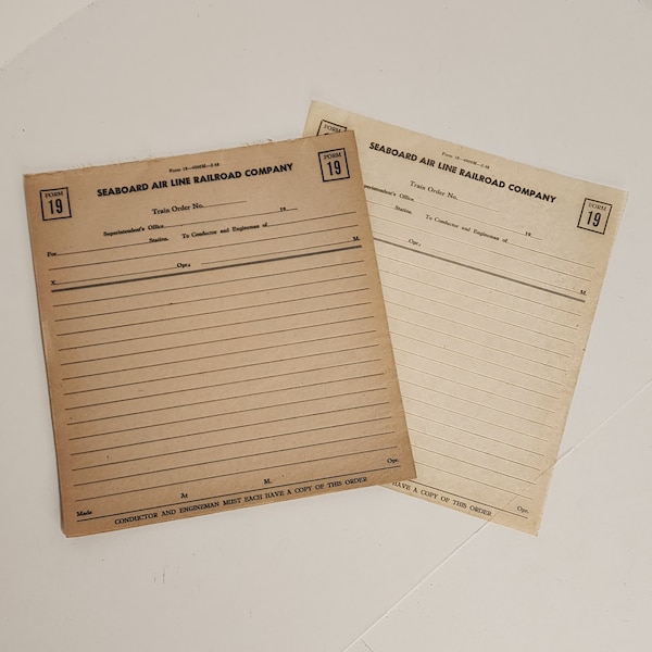 5 Seaboard Airline Railroad company forms lined shipping order sheets tissue paper pages receipts Vintage paper art supplies ephemera lot