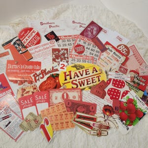 50 pieces of red ephemera junk journal sample pack mixed lot red paper pack cards labels tickets vintage paper art supplies ephemera lot r