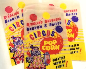 3 vintage wax popcorn bags NOS Ringling Brothers Barnum and Bailey circus advertising paper vintage paper art supplies ephemera lot