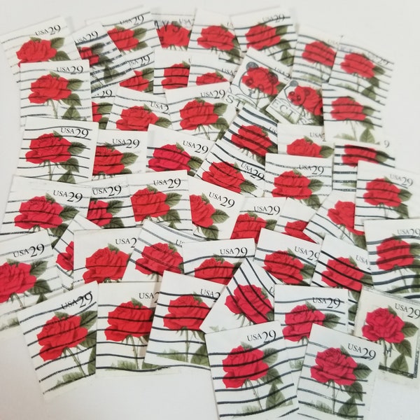 50 red rose postage stamps flowers used cancelled lot vintage paper art supplies ephemera lot collage junk journal