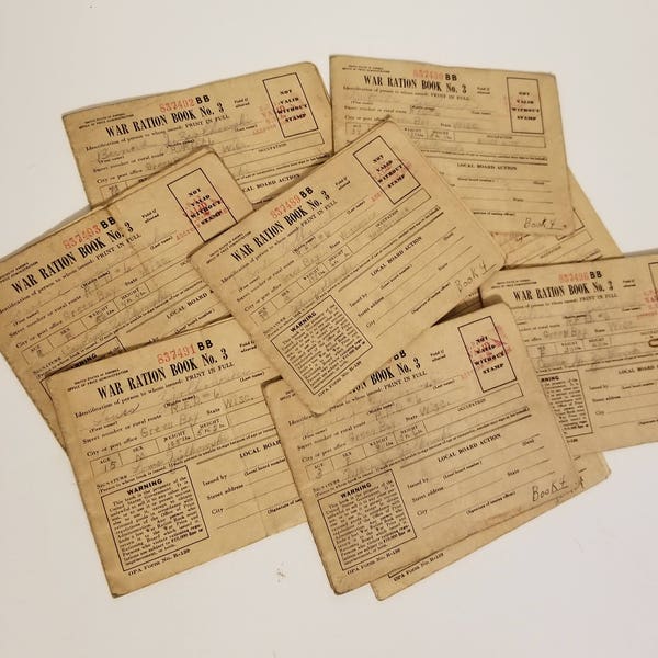 2 WWII era ration book no. 3 worn cover lot no stamps military world war 2 vintage paper art supplies 1940s ephemera lot junk journal