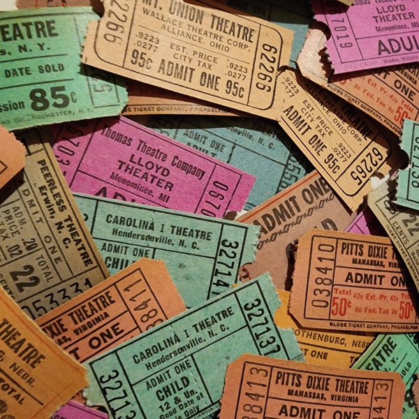 CHOICE! 35 vintage theater tickets 9 different types child adult blue pink aqua red gray purple vintage paper art supplies ephemera lot A