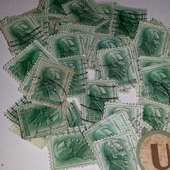 50 green postage stamps 1974 Kentucky Fort Harrod image used cancelled lot Vintage paper art supplies ephemera lot