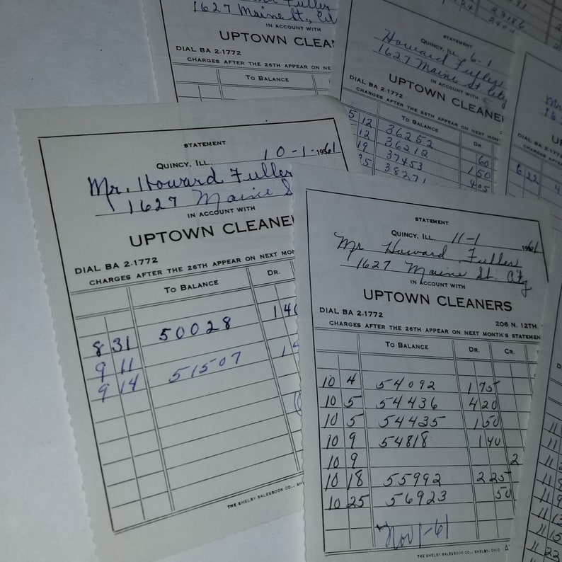 7 handwritten 1960s receipts statements from dry cleaner