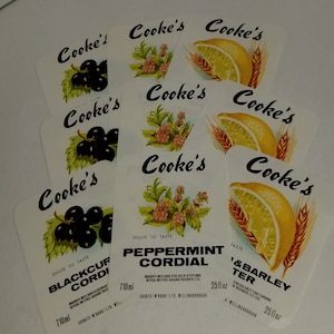 9 vintage bottle labels soft drink 3 types beverage Lemon Water peppermint blackcurrant cordial NOS Vintage paper art supplies ephemera lot