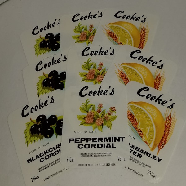 9 vintage bottle labels soft drink 3 types beverage Lemon Water peppermint blackcurrant cordial NOS Vintage paper art supplies ephemera lot