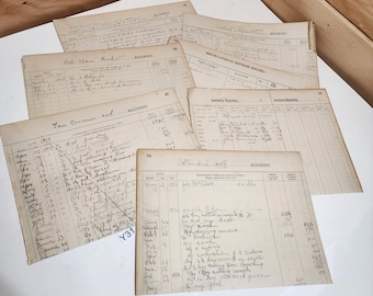 Antique ledger pages 1912 - 1926 handwritten papers  7 account sheets Y31