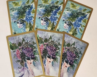 6 fashion playing cards ladies with hats of fruit and feathers 1960s fashion designs blue green Vintage paper art supplies ephemera lot