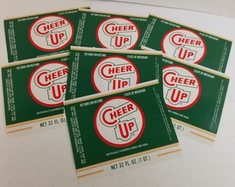 7 CHEER UP beverage bottle labels green red letters soda advertising NOS Vintage paper art supplies ephemera lot