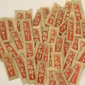 40 WWII era red ration stamps coupons numbers letters military Home Front papers vintage paper art supplies ephemera lot
