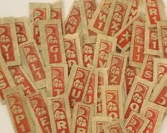 40 WWII era red ration stamps coupons numbers letters military Home Front papers vintage paper art supplies ephemera lot