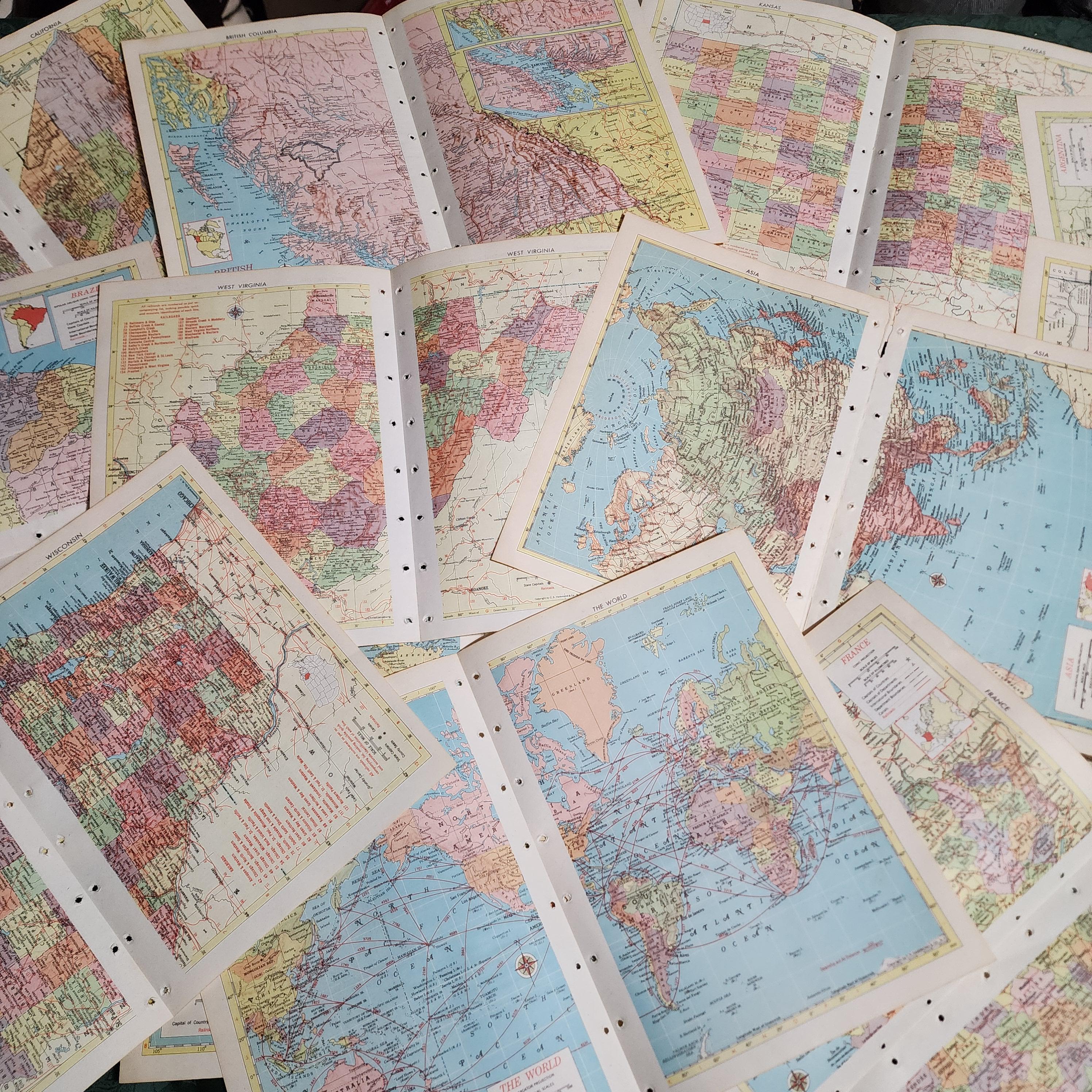 8 Map Book Pages Full Color 1950's Maps 4 Double Pages US States Other ...