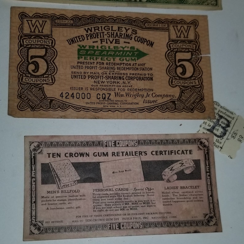 WRIGLEY/'S CHEWING GUM /"5/" COUPON CERTIFICATE PROFIT SHARING PROGRAM