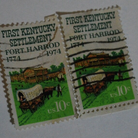 50 green postage stamps 1974 Kentucky Fort Harrod image used cancelled lot Vintage paper art supplies ephemera lot