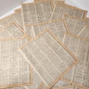 May include: A collection of aged, yellowed paper sheets, likely from a vintage directory or newspaper, are scattered across a surface. The pages are filled with small text arranged in columns and rows, creating a grid-like pattern. The paper has a slightly worn appearance.