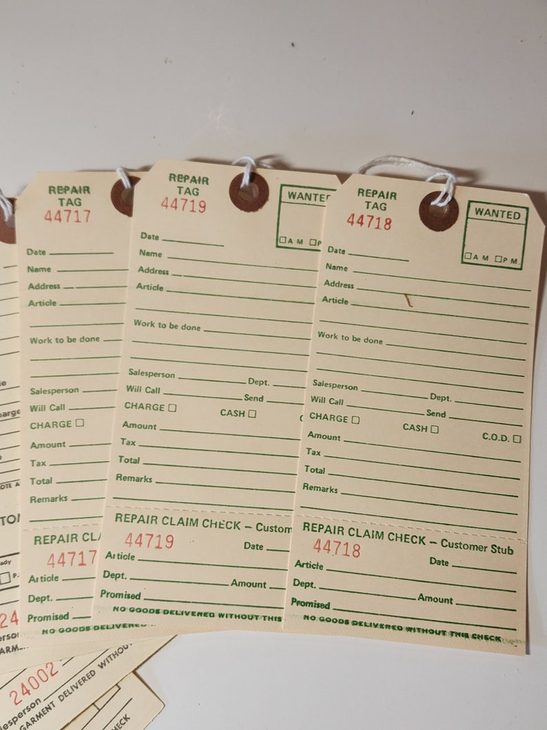 Sample Pack 12 Merchandise Claim Checks Hang Tags Alteration Layaway ...
