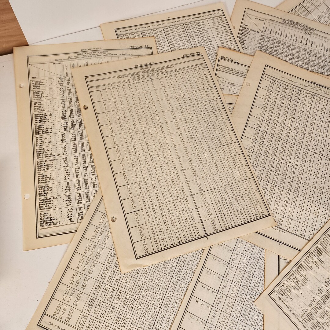 7 Pages of Number Charts Tariff Rate Calculations Number Sheets Sepia