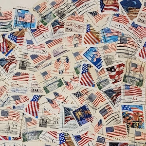 100 US Flag stamps used off paper stamps red white blue patriotic stamp lot Vintage paper art supplies ephemera lot collage junk journal