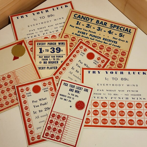 4 red punch board game cards Candy Bar Special Try your Luck vintage Advertising display piece unused vintage paper art supplies ephemera