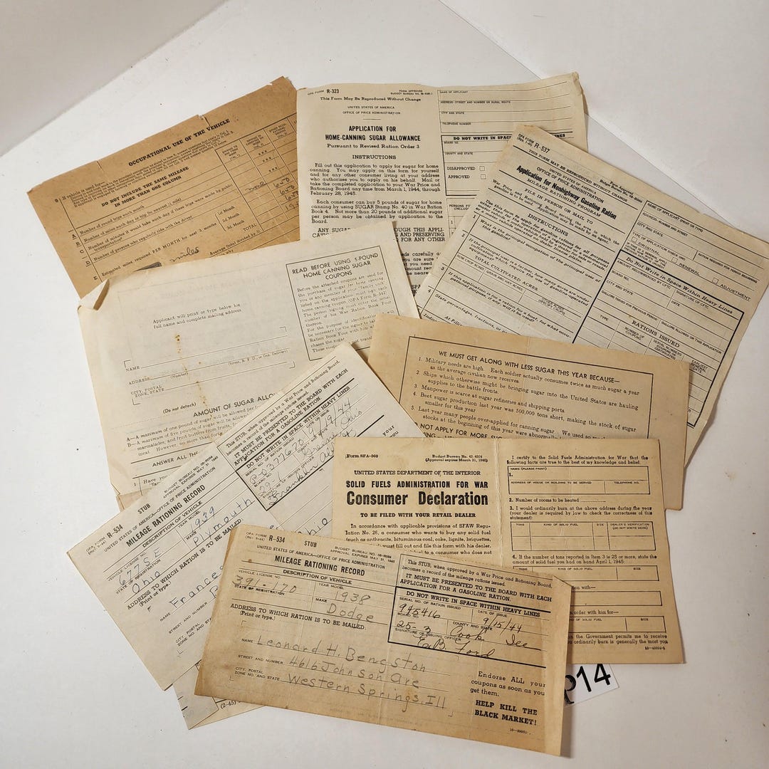 8) 1940s Ration Papers WWII Sugar Rations Mileage Coupon Form Gasoline ...
