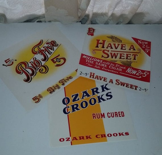 3 cigar box labels vintage advertising orange yellow gold