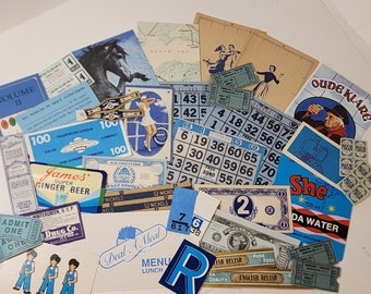 35 pieces of blue ephemera color lot sample pack play money game cards tickets labels vintage paper art supplies collage junk journal R