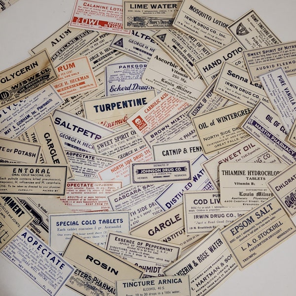 12 Pharmacy drug store medicine bottle labels Random Pick 12 different Vintage Paper art supplies ephemera lot Antique