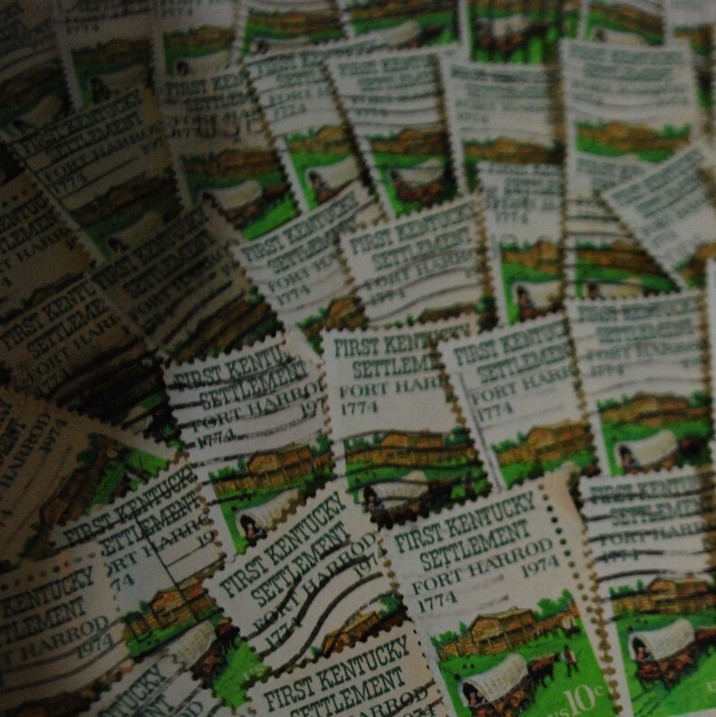 50 green postage stamps 1974 Kentucky Fort Harrod image used cancelled lot Vintage paper art supplies ephemera lot