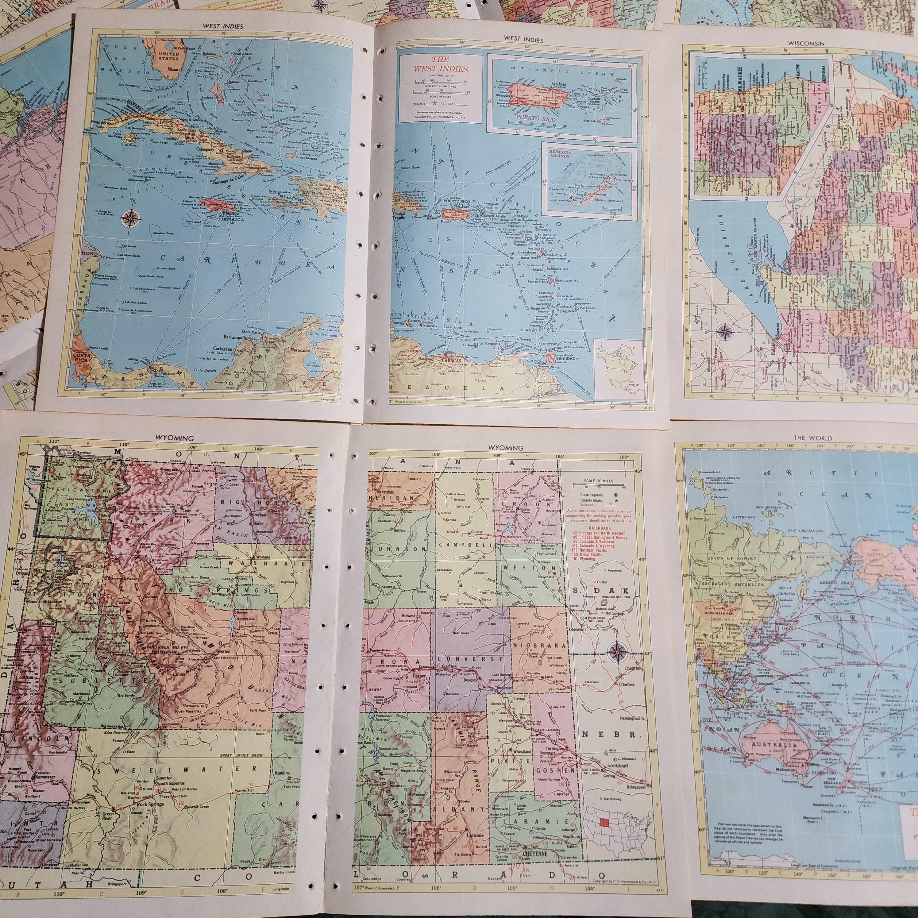 8 Map Book Pages Full Color 1950's Maps 4 Double Pages US States Other ...