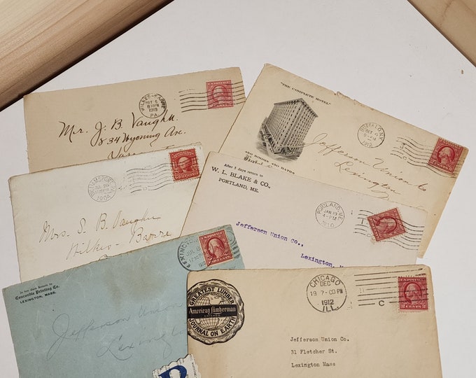 6 Antique Envelope Fronts Covers Typed and Handwritten Addresses Red