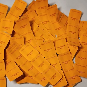 36 Ben Franklins store price tags orange pieces 12 unused strips of 3 price stickers vintage paper art supplies ephemera lot junk journal
