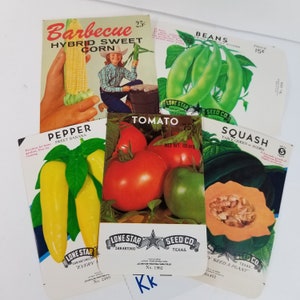 May include: Five vintage seed packets for various vegetables. The packets are white with colorful illustrations of the vegetables. The packets are for: Barbecue Hybrid Sweet Corn, Beans, Pepper Sweet Banana, Tomato, and Squash Table Queen Acorn. The packets are from Lone Star Seed Co. in San Antonio, Texas.