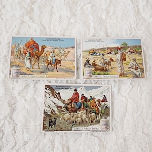 3 Victorian trade cards antique Liebig advertising card set signed Artisans scenes German vintage paper art supplies antique ephemera lot
