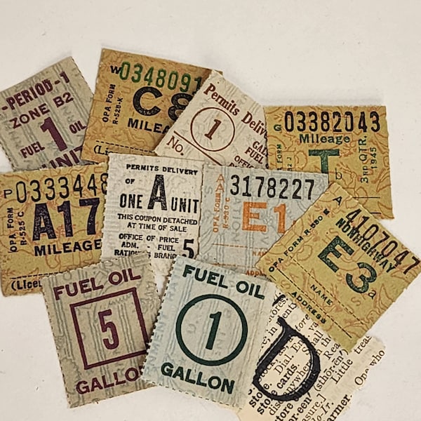 10 different ration stamps WWII ration coupons sample pack mileage fuel oil 1940's home front vintage paper art supplies ephemera lot D