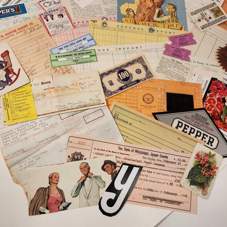 50 Piece Junk Journal Ephemera Pack Sample Pack Checks Receipts Cards ...