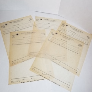 5 old shipping order form receipts Erie Railroad Company thin sepia tone pages Vintage paper art supplies ephemera lot
