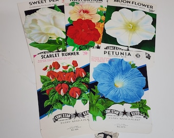 5 colorful flower seed packets empty unused envelopes spring summer variety red purple blue vintage paper art supplies ephemera lot W
