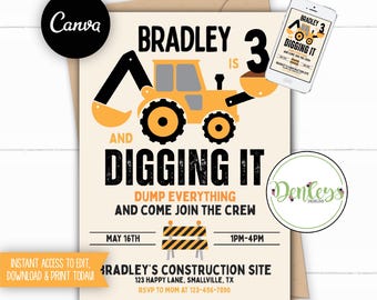 Construction Birthday Invitation Excavator Birthday Invite Digging It Party Truck Birthday Invite Editable Canva Template Instant Download