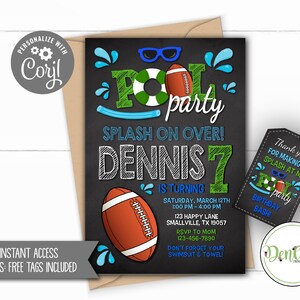Football Pool Party Invitation, FREE Tags, Corjl, Football Swimming Party, Football Theme, Swimming Invitation, Sports Pool Invite (PO14)