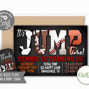 FREE Tags, Sports Jump Printable Invitation, Corjl Sports Trampoline Invite, Trampoline Park, Bounce, Jumping, Baseball, Football (JP11)