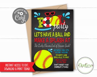 Softball Printable Invitation, Softball Pool Party, Corjl,  End of Season Softball Party, Pool Party, Softball Invite, Softball Party (PO34)