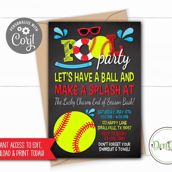 Softball Printable Invitation, Softball Pool Party, Corjl,  End of Season Softball Party, Pool Party, Softball Invite, Softball Party (PO34)