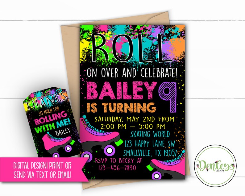 Roller Skating Invitation Skating Party Neon Skate Glow Skate Party Printable Glow Skate Pink Skate Bright Skating Invitation Girl Skating image 1