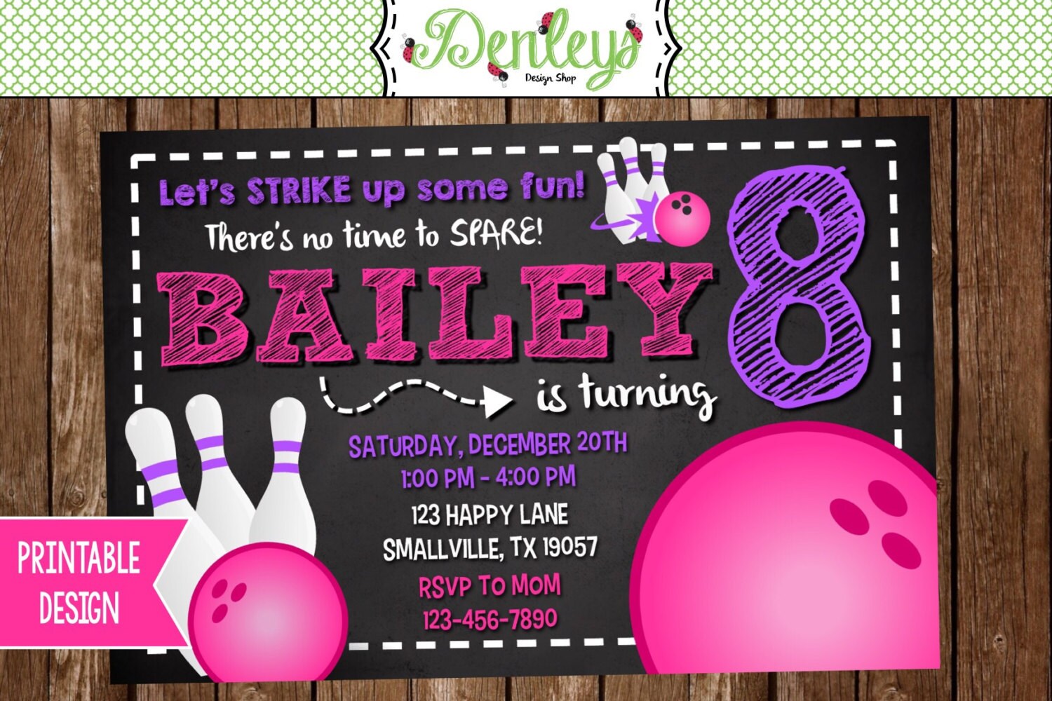 Bowling Birthday Invitation Girl Bowling Invitation Girl Etsy