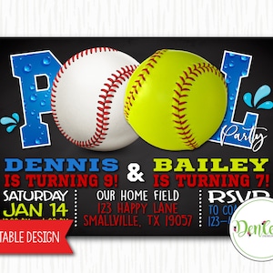 Joint Baseball and Softball Pool Party, Birthday Invitation, Softball and Baseball Swimming Invitation, Pool Party, Sports Pool (PO31)