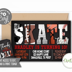 FREE Tags, Sports Roller Skating Invitation, Corjl Sports Skating Party, Basketball Skate, Baseball Skate, Printable, Football Skate (SK33)
