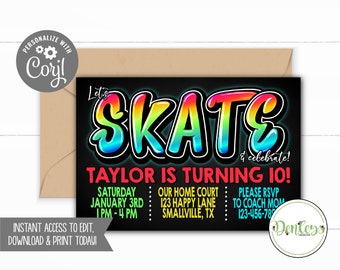 Glow Roller Skating Invitation Glow Skating Party Neon Skate Graffiti Glow Skate Party Printable Glow Skate Corjl Glow Skate Invitation