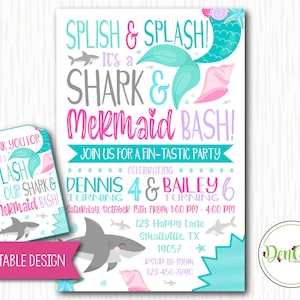 Sharks and Mermaids Invitation, Sharks and Mermaids, Brother Sister Invite, Joint Boy and Girl Party, Mermaid, Shark, Under the Sea (MS01)