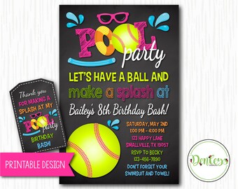 Softball Printable Invitation, Softball Pool Party, End of Season Softball Party, Pool Party Invite, Softball Invite, Softball Party (PO12)
