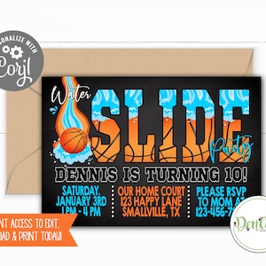 Basketball Water Slide Birthday Invitation Corjl Basketball Swimming Invitation Splash Party Sports Basketball Waterslide Invite Sports